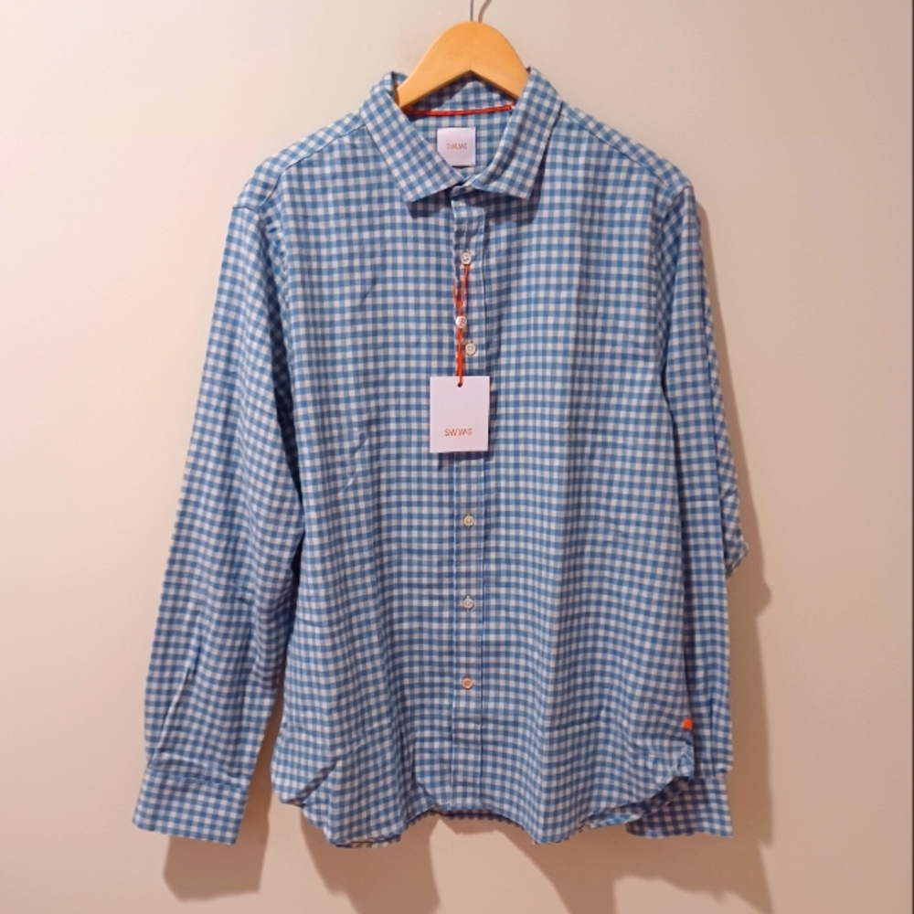 NWT SWIMS Mens Tenby Flannel Lux Soft Long Sleeve Performance Shirt Ice Blue XL
